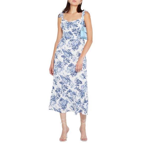 O.P.T White Blue Toile de Jouy Floral Midi Dress Size 8 - Picture 1 of 10